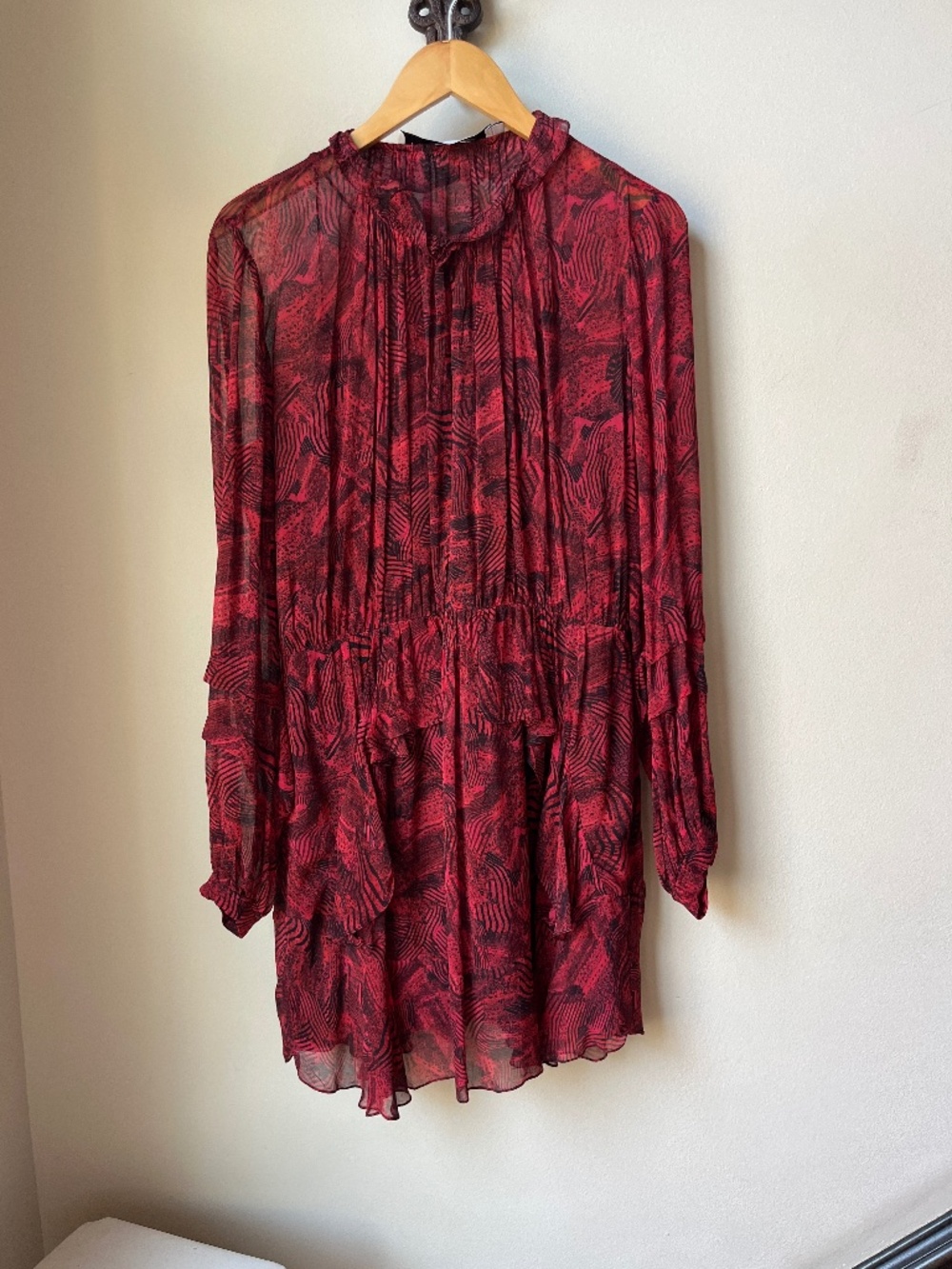 EUC red chiffon IRO dress with attached black slip; size 6/38